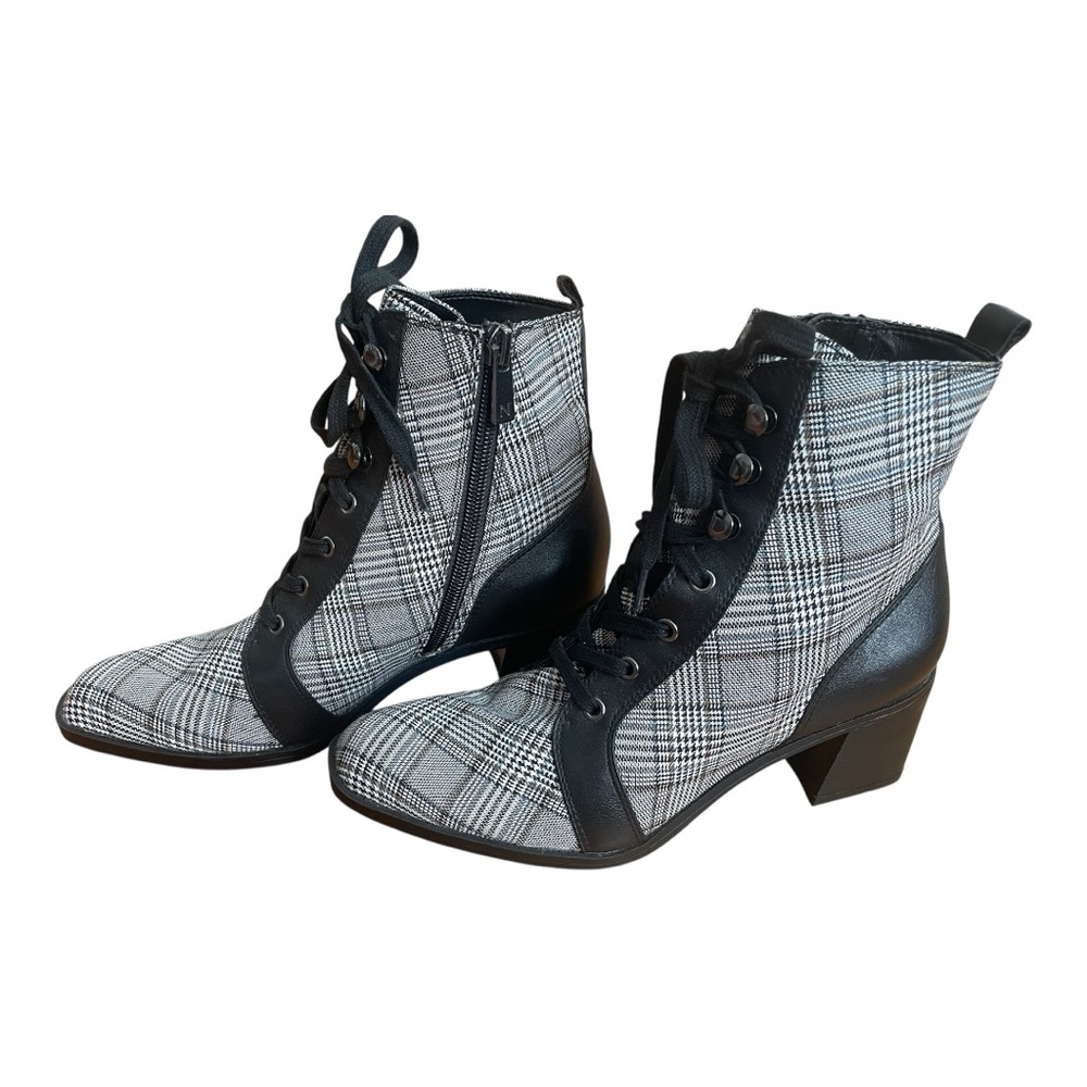 Naturalizer Black Gray Glen Plaid Leather Lace Up Side Zip Ankle Boots Size 6.5